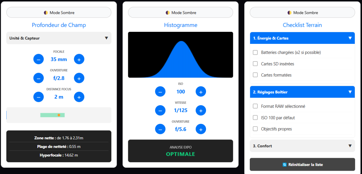 Capture d'écran des applications web interactives Echo Drone : simulateur de profondeur de champ, analyseur d'histogramme et checklist terrain pour photographes.